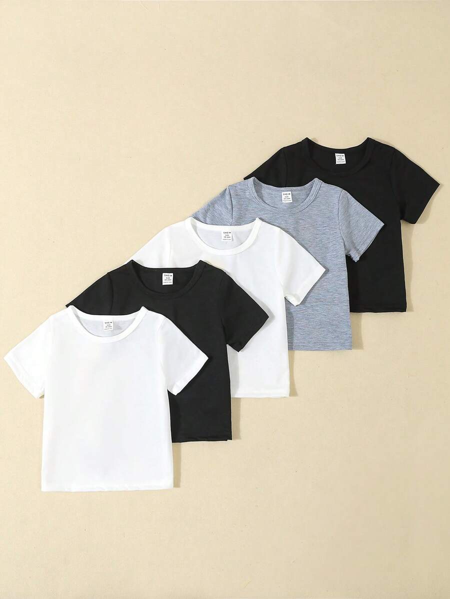 SHEIN Playful Pals Baby Boy 5pcs/Set Simple And Comfortable White T-Shirt, Spring/Summer - Multicolor - View 1