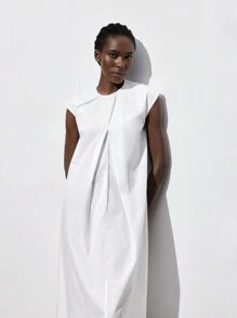 Maija Women Solid Color Crew Neck Keyhole Back Summer Dress, Teacher Work Clothes  Romantic, Fashion, Versatile; Suitable For Summer Vacation, Comfortable, Bohemian Style, Beach Wear, Swimsuit Cover-Up, Stylish, Elegant, Casual, , Simple Daily Wear, Country Style, Essential, Solid Color, Holiday Casual, Decent, Single Lady, Ideal For Vacation Elegant Fashion Business Casual Woman Going Out Tops Graduation Outfit European Summer Hawaii Outfits Women Summer Dresses For Women Streetwear Women Stockholm Style Teacher Outfits For Women - White - View 1