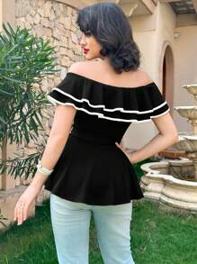VaVaBold Women's Double Layered Ruffle Ruffle Elegant Top - Black - View 2
