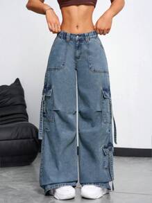 SHEIN EZwear 女式宽松休闲牛仔裤，带口袋、褶皱和阔腿设计，女士休闲纽扣、口袋、拉链低腰阔腿长蓝色妈妈款宽松女式牛仔裤，春季/秋季，休闲日常穿着 - 藍色 - 查看 5