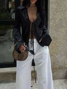 Spring Summer Y2K Girl Women Fashion Slim Bow Tie Satin Shirts New Year Outfits Graduation Season Black Tops Elegant Party Tops Vacation Women Outwears - Black - View 6