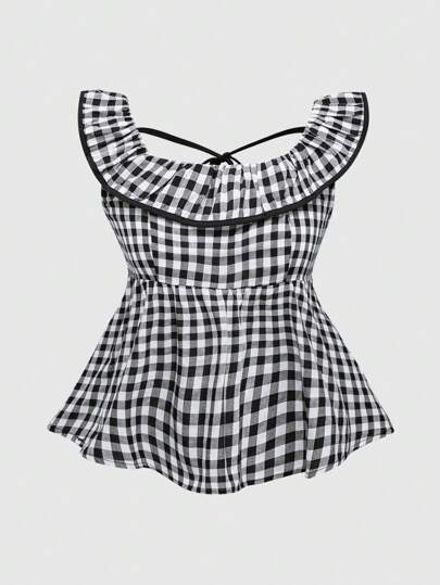 Kawaii Women's Fashionable Black & White Checkered Country Style Blouse