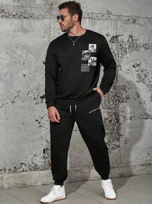 Manfinity Homme Conjunto De Pantalones Deportivos Con Capucha Y Pantalones Deportivos Con Estampado De Letras Escultóricas Informales De Talla Grande Para Hombre