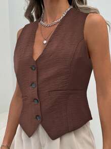 EURMUSE 女士單排扣西裝背心 - 棕色 - 查看 4