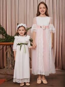 SHEIN Summer Elegant And Stylish Lace Patchwork Dress With 3d Flower Decoration For Tween Girls - White - View 3