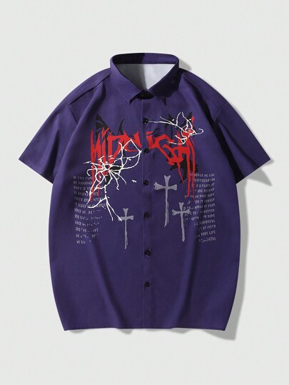 Camisa de verano casual para hombre de mangas cortas con eslogan impreso en cruz