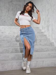 SHEIN PETITE Women's Side Button Slim Fit Denim Pencil Skirt - Light Wash - View 1