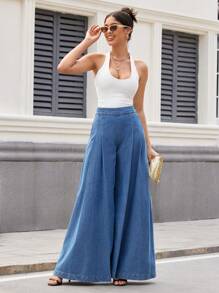 SHEIN Essnce Quần jean ống rộng xếp li thông thường dành cho nữ - Rửa trung bình - Xem 4