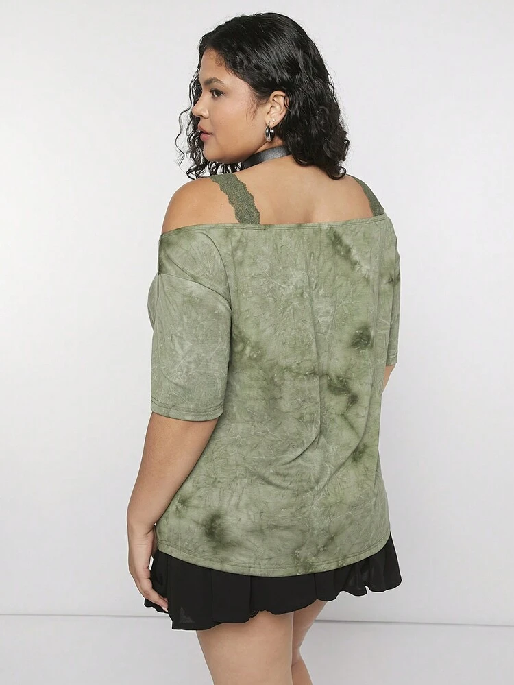 Summer Plus Size Women's Y2K Punk Style Open Shoulder T-Shirt With Wing And Floral Print