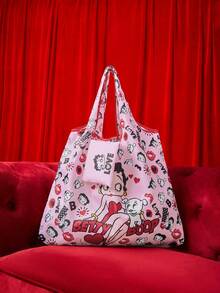 Betty Boop | ROMWE Bolsa de armazenamento com desenho de Cartoon Doce e Adorável, Grande capacidade, Bolsa de compras portátil dobrável com compartimento para moedas. - Multicolorido - Visão 14