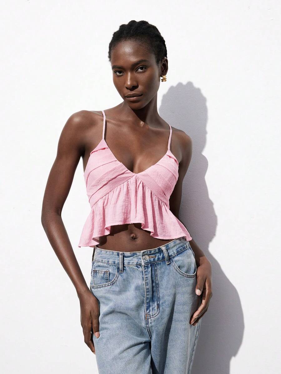 Maija Áo hai dây xếp ly viền bèo nhún thường ngày cho nữ, màu hồng, dành cho kỳ nghỉ - Hồng - Xem 1