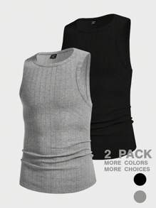 Manfinity VCAY Men's 2pcs Solid Color Knitted Striped Sleeveless Regular Fit Casual Top, Suitable For Everyday Outfit In Spring And Summer