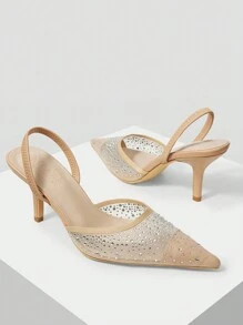 MOTF PREMIUM LADIES' RHINESTONE MESH POINTED TOE HIGH HEELS, FOR NEW YEAR HOLIDAY, SPRING SHOES SPRING BREAK EASTER PROM HEELS FOR CHRISTMAS