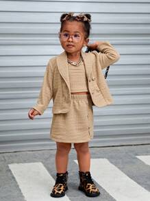 SHEIN Explorewe 3pcs Baby Girls' Casual Fashionable Double-Breasted Coat, Camisole Top, And Skirt Set For Spring/Summer Outings - Khaki - View 4