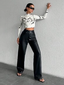 SHEIN Cottnline Vaqueros De Pierna Recta Para Mujer De Color Sólido - Azul Marino - Ver 4