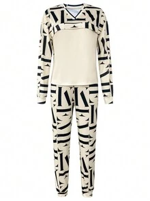 2pcs Women Allover Print V-Neck Long Sleeve Top And Drawstring Waist Slimming Casual Pants Set, Lightweight Suitable For Spring, Summer, Autumn - Apricot - View 5