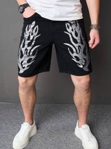Manfinity Roughcore Men's Printed Loose Fit Bermuda Denim Shorts With Pockets - Black - View 1