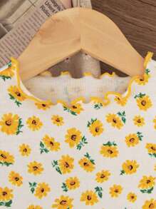 SHEIN LMoss Kids 女婴夏季两件套针织短袖开裆设计全身花卉和樱桃印花生菜边连体衣 - 白色 - 查看 5