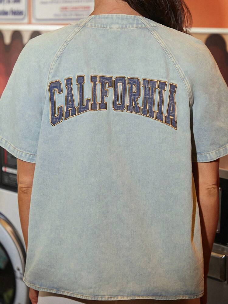 Washed Denim With Embroidery Letters Casual-Sporty Shirt