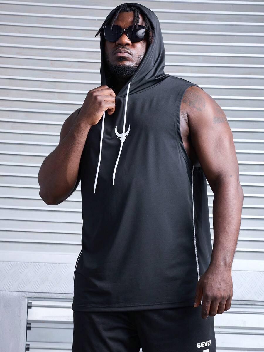 Gym Rark Men's Plus Size Bull Print Drawstring Hooded Sports Top - Black - View 1