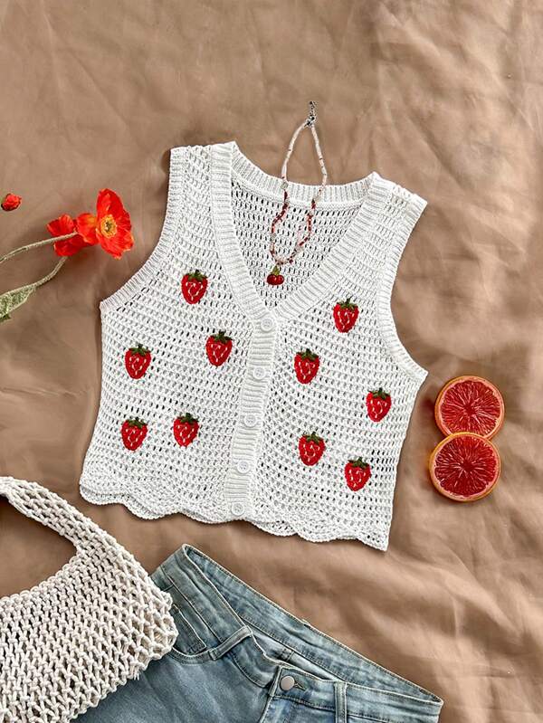 Soleia Veste en tricot ouverte à décor de fraise pour vacances de femmes