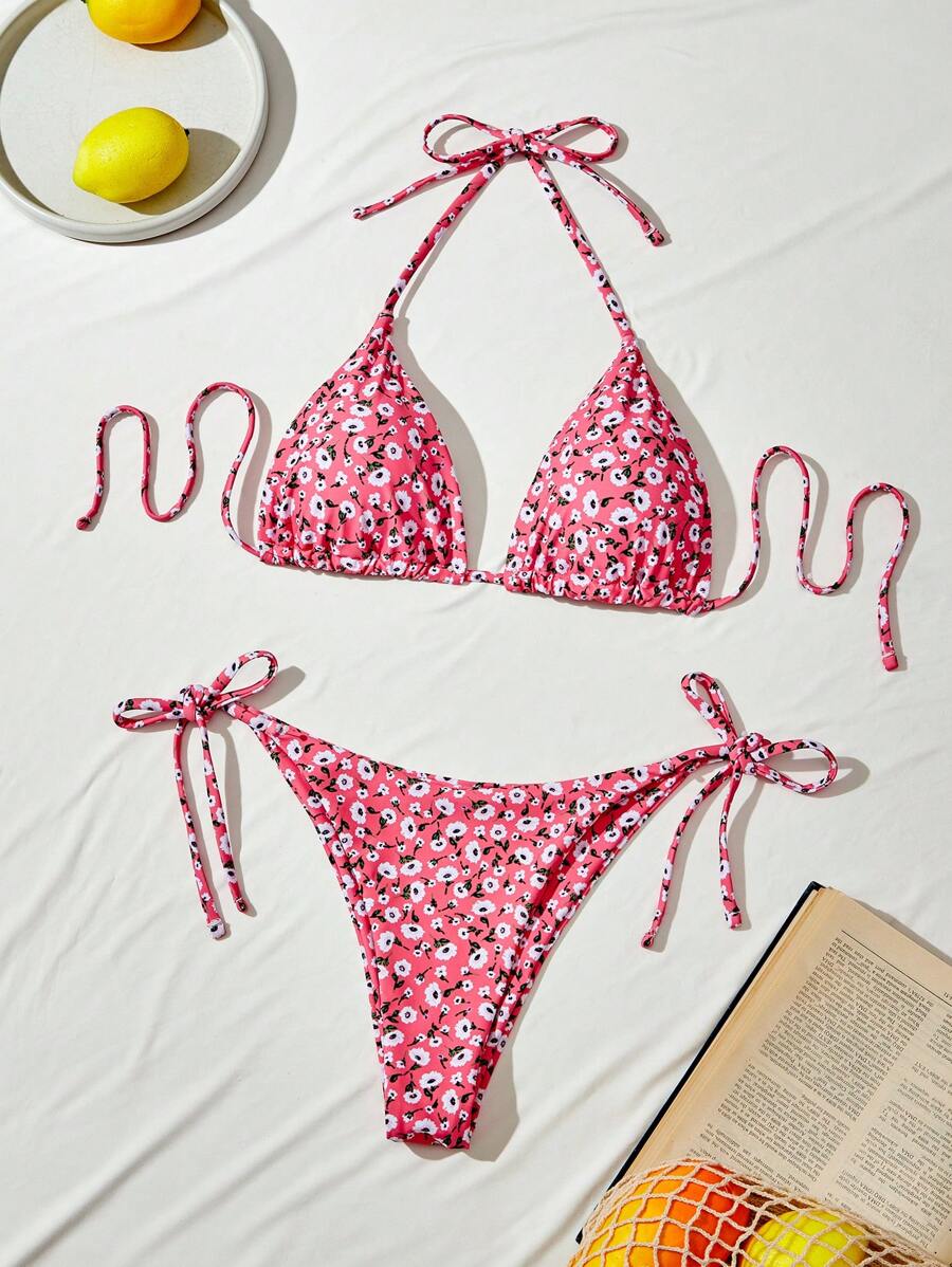 SHEIN Swim 女性夏季海灘小花卉領綁帶性感比基尼套裝，隨機印花 - 粉色 - 查看 1