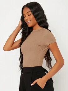 SHEIN BASICS 女士時尚純色修身夏季T恤，百搭 - 卡其色 - 查看 5