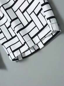 Men's Geometric Print Drawstring Pocket Beach Shorts - Black and White - View 4