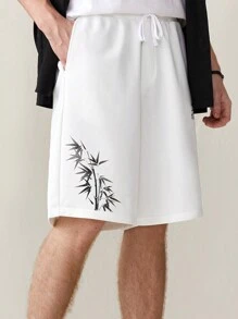 Manfinity VCAY Men's Casual Knitted Simple Bamboo Leaf Printed Drawstring Summer Shorts - Light Grey - View 6