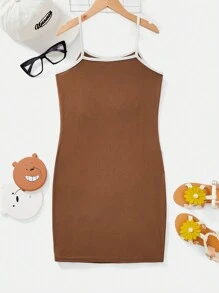 We Bare Bears X SHEIN Tween Girl Carrtoon And Letter Graphic Ringer Cami Dress - Brown - View 2
