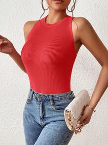 Chiquease Top de tejido sin mangas casual con cruces en la espalda de unicolor para mujer en verano - Rosado Sandía - Ver 4