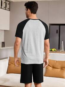 Men's Letter Embroidery Color Block Short Sleeve Top And Shorts Homewear Set - Light Grey - View 7