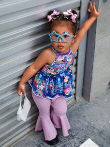 SHEIN 2 件装女婴休闲日常穿着卡通印花上衣和喇叭裤套装，春夏