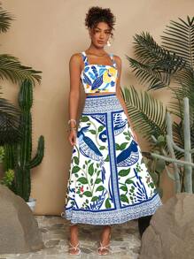 Travachic Urlaubs-Strick-Bedrucktes Crop Top & High-Waist Rock Damen 2-Teiliges Set, Hawaii Kleid - Blau-Weiß - Übersicht 6