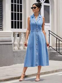 SHEIN Essnce Váy không tay denim màu trơn phía trước dành cho nữ - Rửa nhẹ - Xem 5
