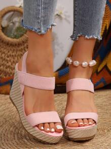 Women's Platform Wedge Sandals, Thick Sole, European & American Cross-Border Plus Size, Rope Platform Fashion High Heel Sandals, Slip-On Chunky Heel Sandals - Pink - View 3