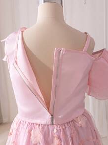SHEIN Cô gái Vai xiên Hai lớp Trang trí lá sen Áo Với Lưới Thêu Váy Cốt lõi Hai chiếc Bộ - Hồng - Xem 8