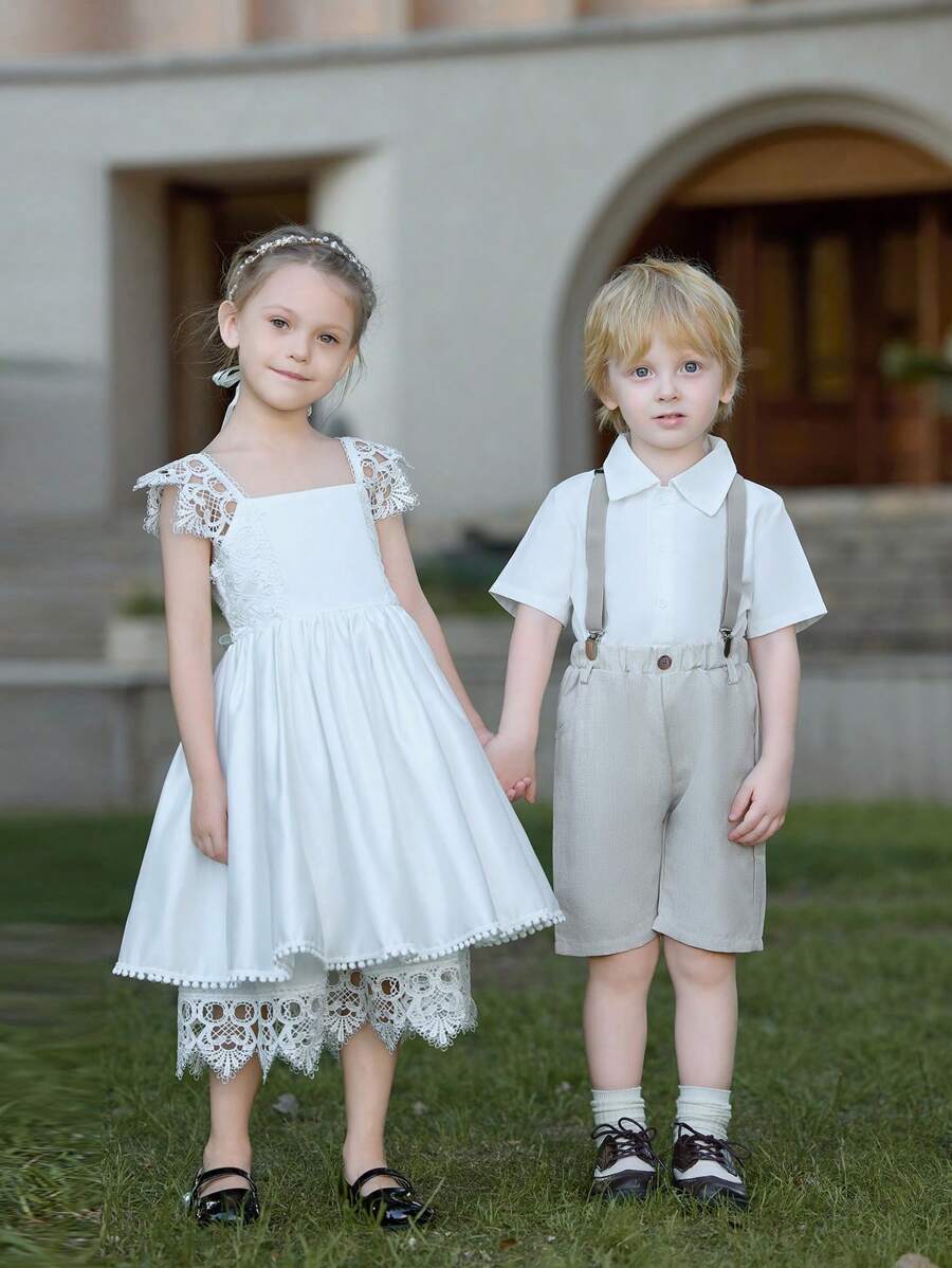 SHEIN Glamorique Kids 年輕女孩方領純色蕾絲拼接無袖可愛派對連衣裙，夏季 - 白色 - 查看 1