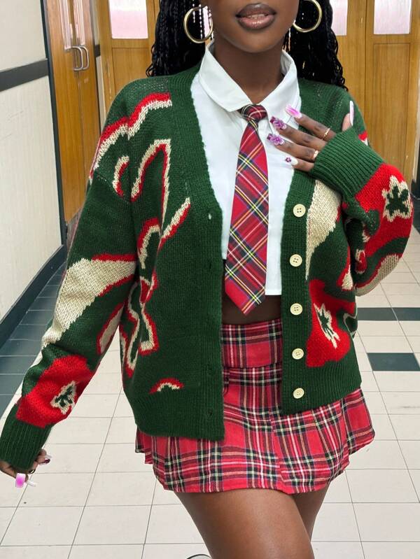 Slaydiva Cárdigan de lana con cuello en V con estampado de flores y Bottom de sésamo, blusa de manga larga para otoño/invierno