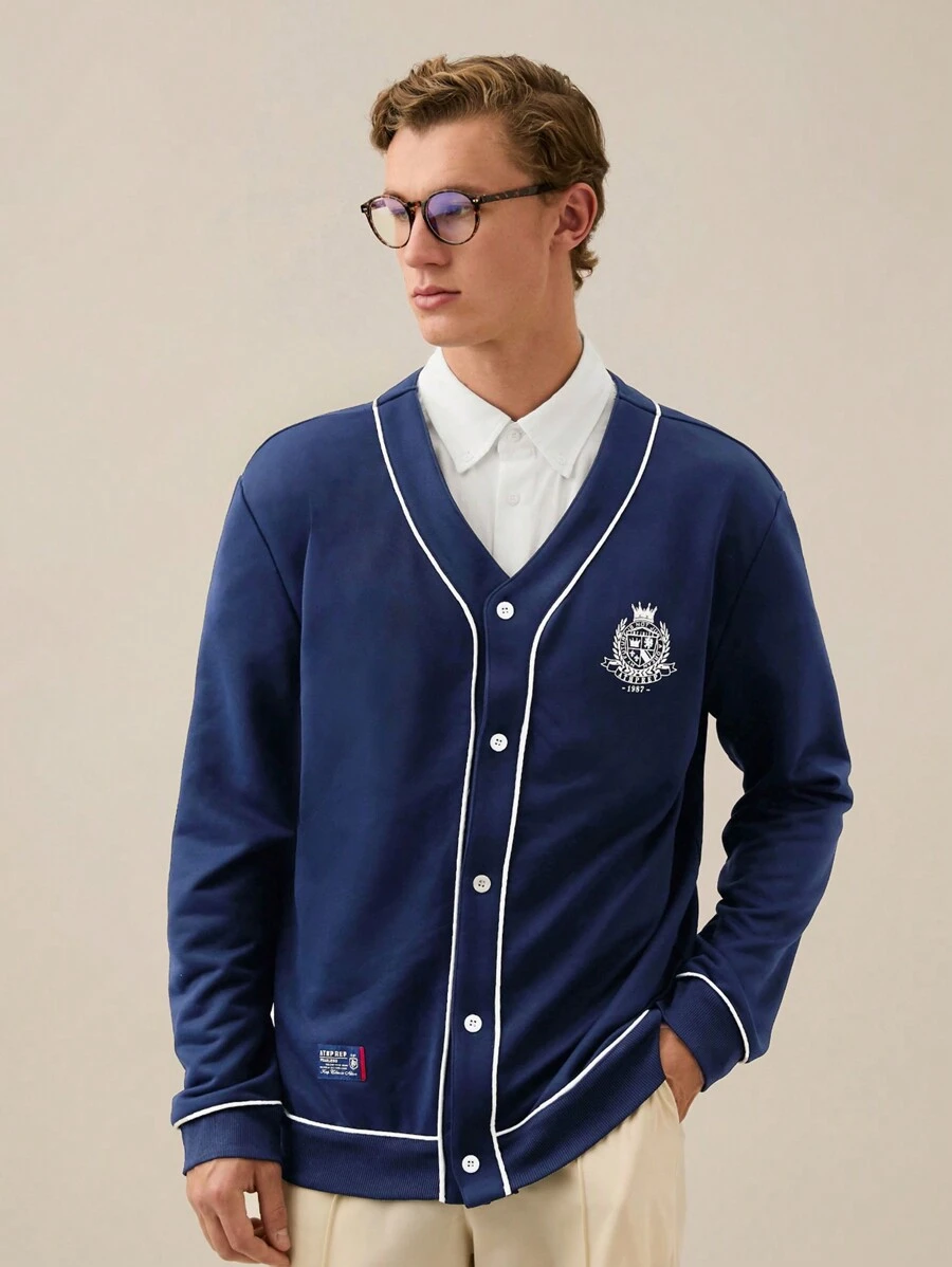 Manfinity VCAY Men's V-Neck Loose Sweatshirt,Back To School, For Fall Winter - Navy Blue - View 1