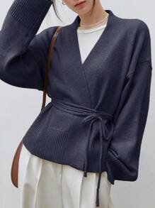 Dazy-Less 女士休闲纯色落肩宽松开衫，秋冬商务休闲女装 - 藍色 - 查看 5