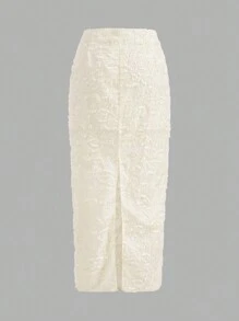 SHEIN BAE Women's Cream-Colored Jacquard Slit Skirt With Low Waistline And Extra Length, Ideal For Summer Vacations - Apricot - View 11