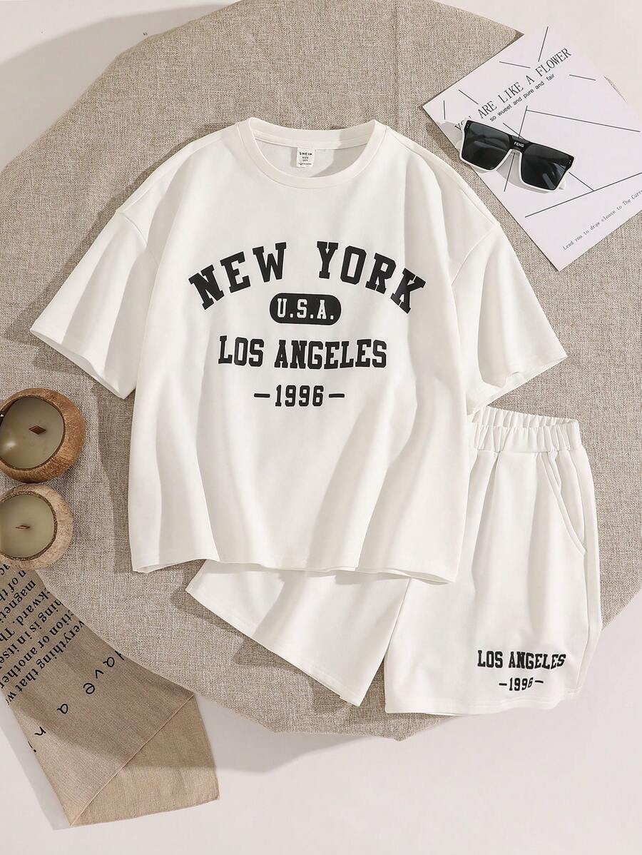Tween Girl Casual Knit Round Neck Short Sleeve T-Shirt And Shorts Set For Spring/Summer Outfits - White - View 1
