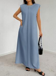 Mulvari Women's Solid Color Loose Sleeveless Long Summer Dress - Dusty Blue - View 5