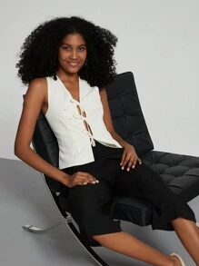 女式纯色V领休闲吊带背心，夏季 - 杏色 - 查看 3