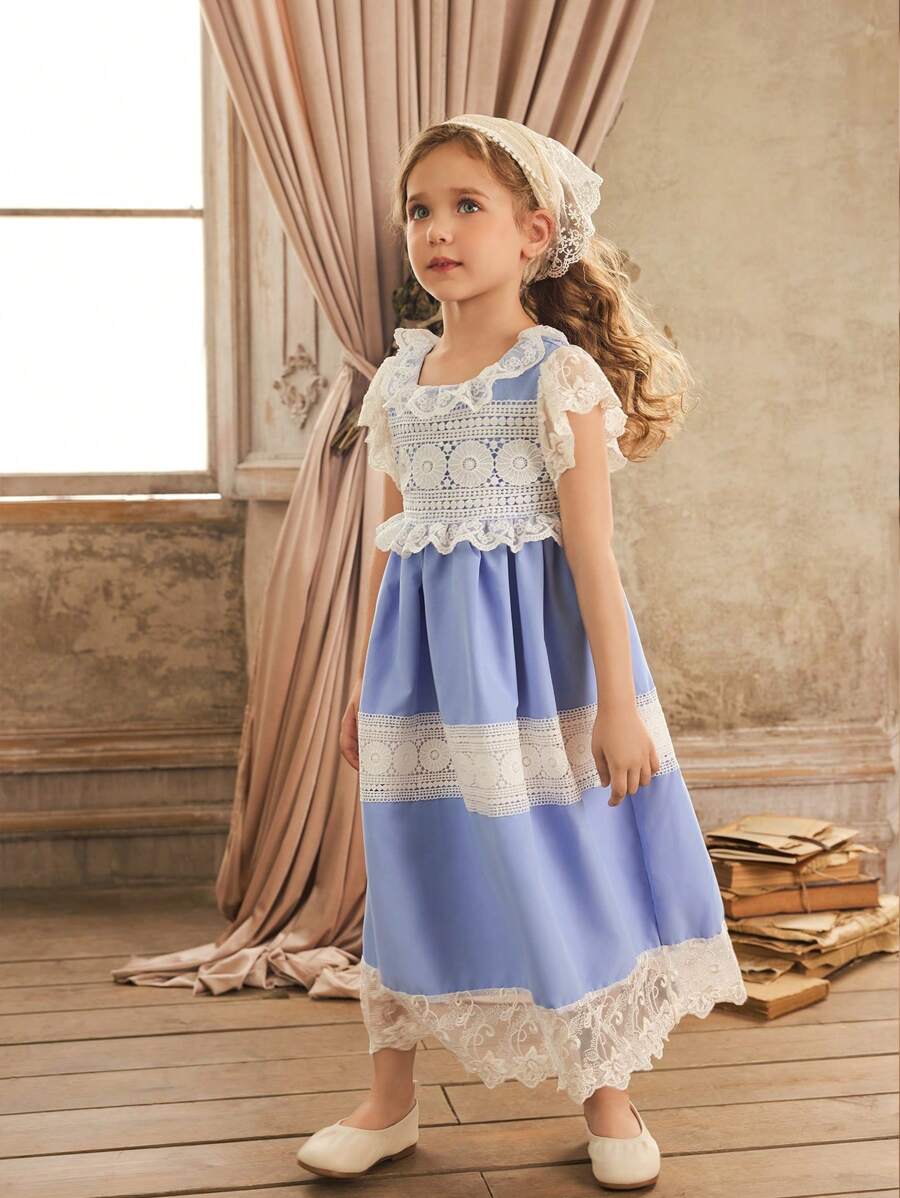 SHEIN Young Girl Sweet And Cute Lace Trim Decorated Patchwork Ruffle Dress For Summer - Blue and White - View 1
