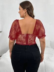 SHEIN Privé Plus Size Elegant Delicate Lace Cup Color-Block Bustier Women's Top - Red - View 2
