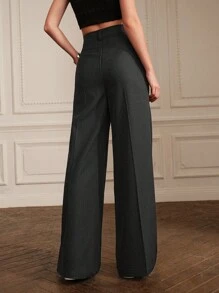 Anewsta Fashionable Simple Pleated Casual Wide Leg Suit Pants - Grey - View 2