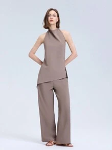 Conjunto de top y pantalón para mujer asimétrico, de unicolor, sin mangas y descubierto en la espalda para verano - Café integral - Ver 1