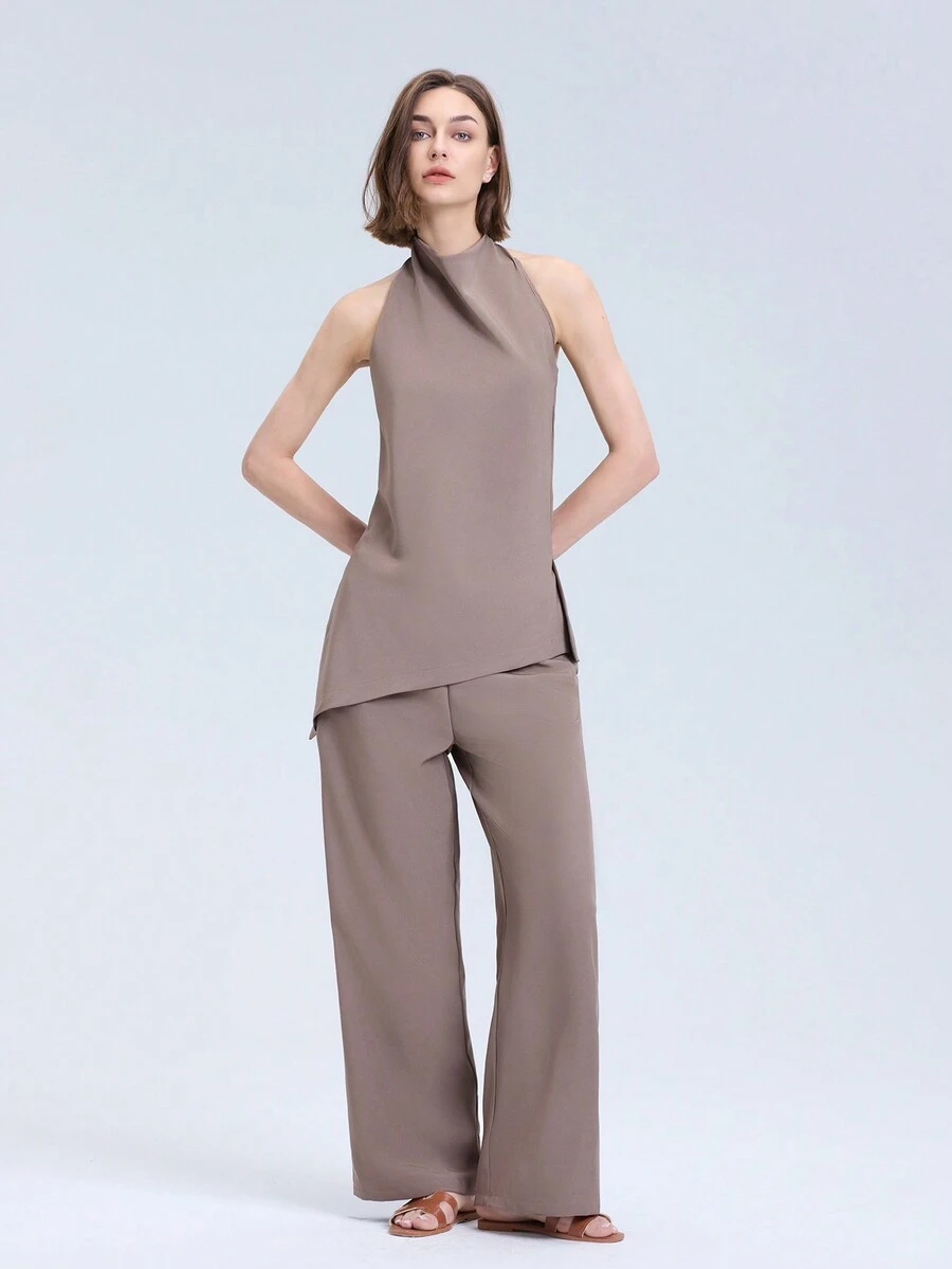Conjunto de top y pantalón para mujer asimétrico, de unicolor, sin mangas y descubierto en la espalda para verano - Café integral - Ver 1